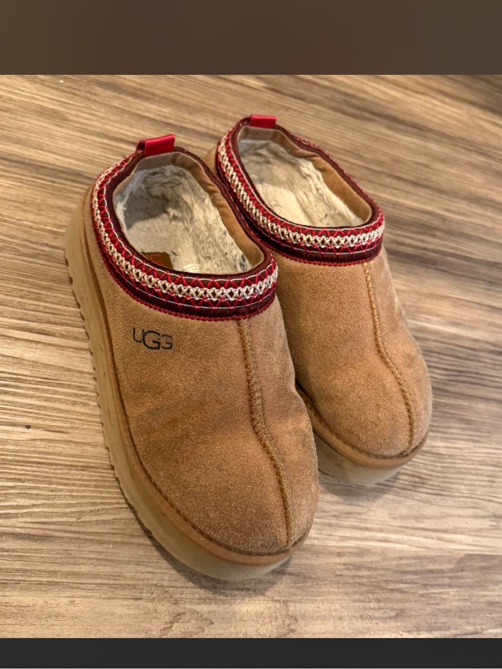 UGG Chestnut Suede Slip-On Clogs with Red Accent